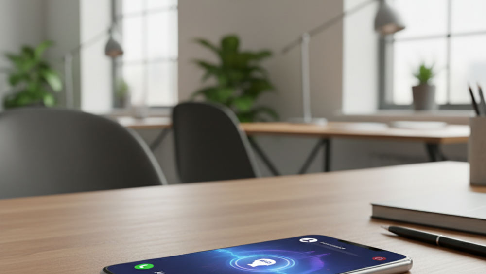 Smartphone displaying an incoming call screen with AI assistant interface on a wooden desk next to a laptop