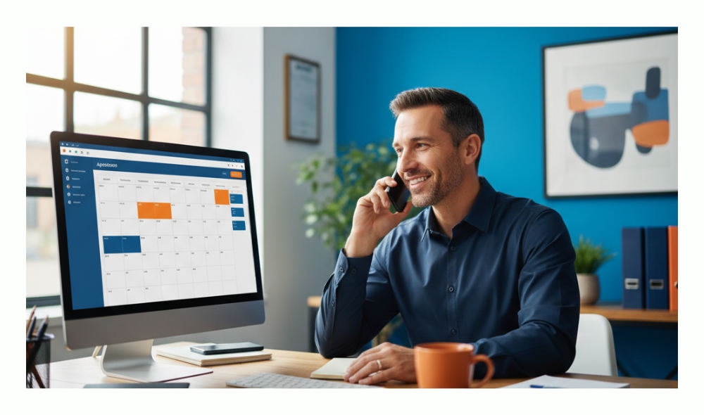 Local service business owner managing customer calls and appointments with AI voice agent support system