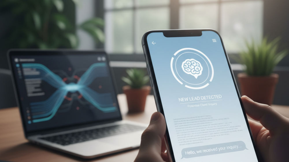 Smartphone displaying real-time AI agent responding to new business lead inquiry within seconds of notification arriving.