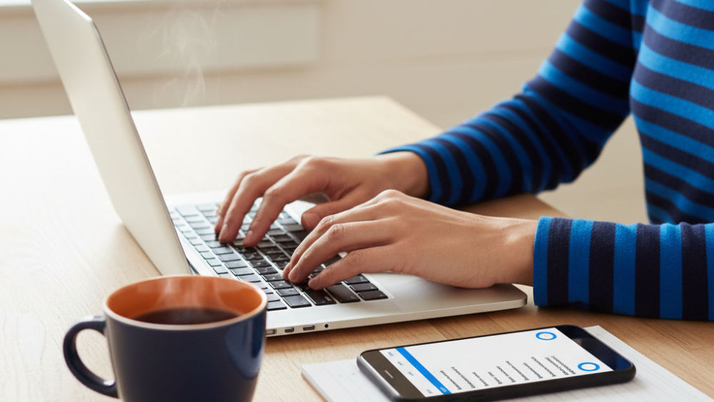 Hands typing on a laptop beside a smartphone showing contact management software on a wooden desk