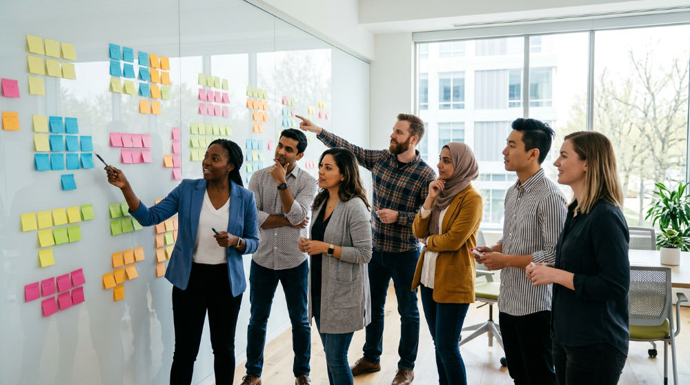 A marketing team collaborating on a wall of notes to organize different market segmentation examples.