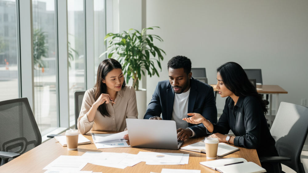 Three entrepreneurs reviewing business planning documents around a table in a bright modern office