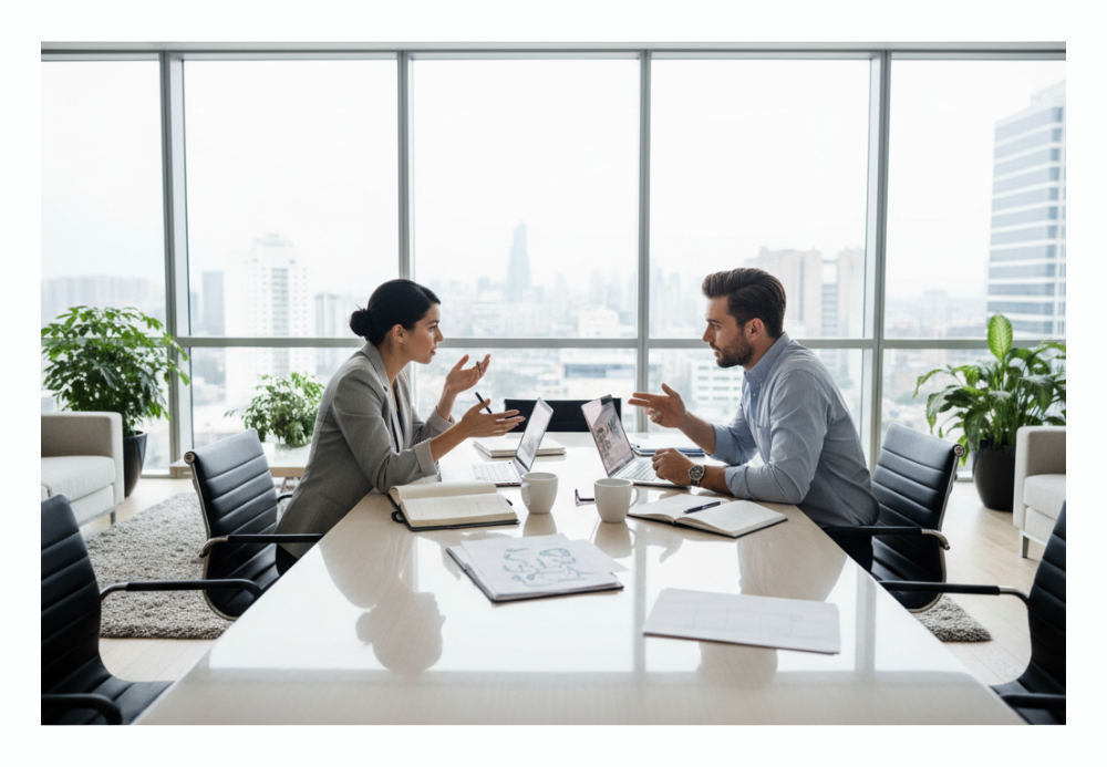 Sales and marketing team members collaborating on shared goals during a strategy meeting in a modern office.