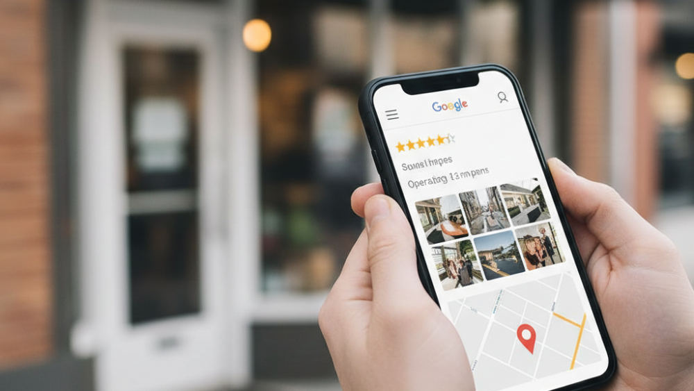 Smartphone displaying a Google My Business profile with customer reviews and location information for a local small business.