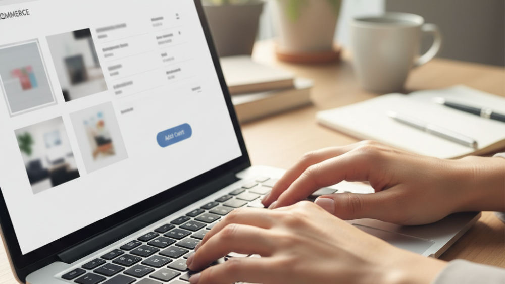 Hands adding products to a free online store builder on a laptop