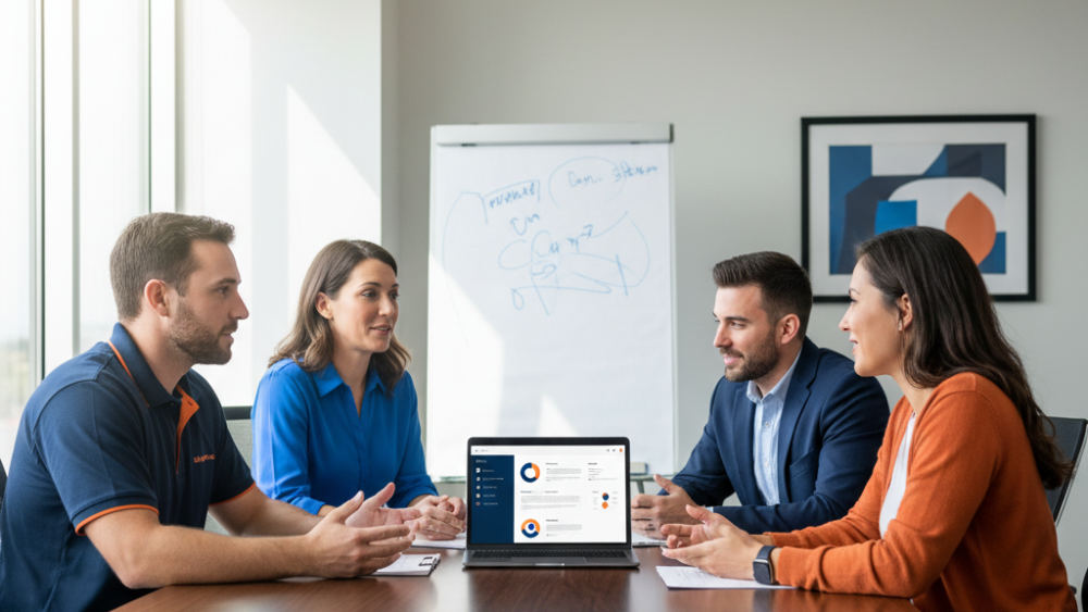 A small business team reviewing an integrated AI agent dashboard showing connected CRM, calendar, and communication tools in a meeting room.