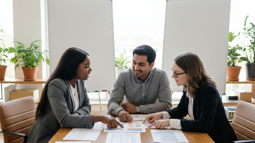 A small business team reviewing printed business plan documents together around a conference table in a bright modern office.