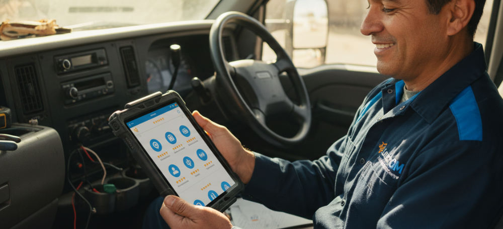 Service business owner reading customer reviews and feedback on tablet inside company vehicle