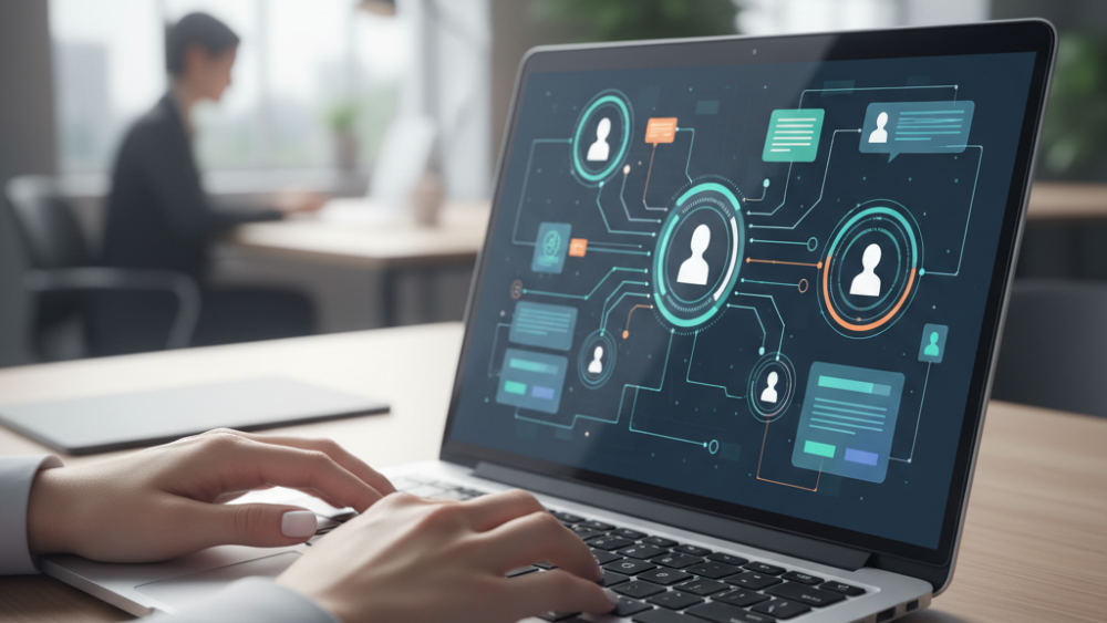 Professional using AI-powered CRM software for customer management