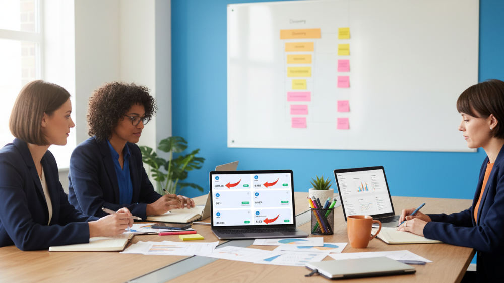 Small marketing team collaborating around conference table with laptops and funnel strategy sticky notes on whiteboard