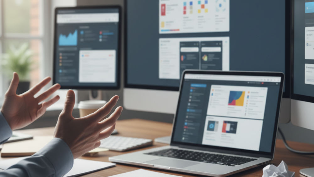 Frustrated business owner managing multiple disconnected marketing tools with scattered data across different platforms and browser windows.
