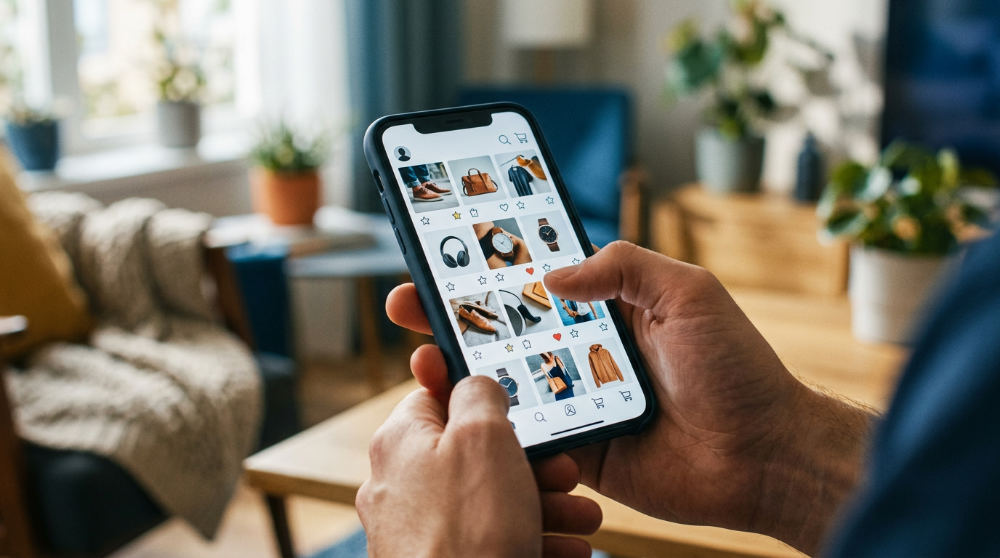 A customer holding a smartphone displaying an AI commerce platform interface with personalized product recommendations.