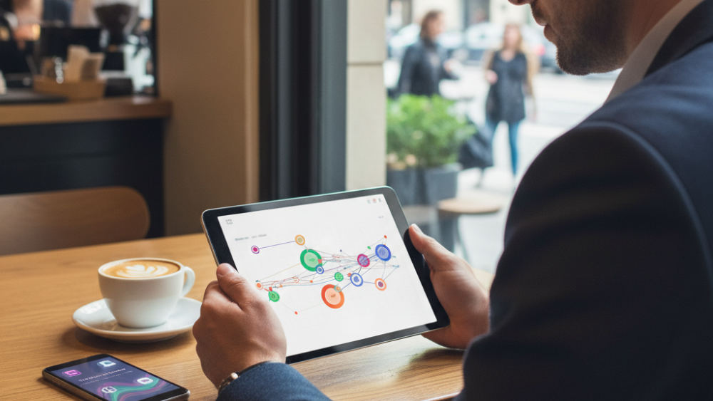 Sales professional accessing cloud CRM analytics remotely from a coffee shop on mobile devices.