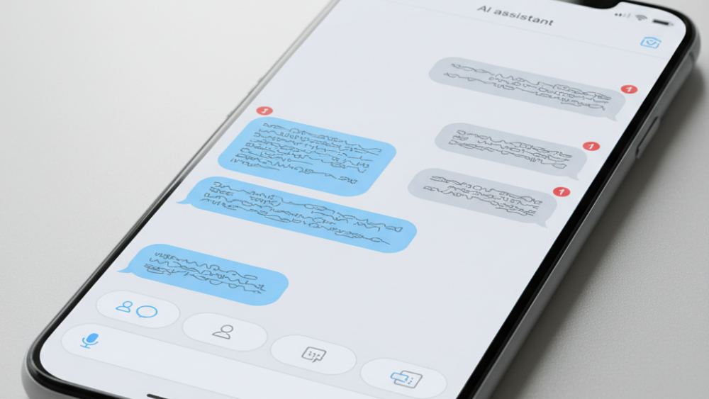 A smartphone displays automated lead response messages being sent by an AI assistant within seconds of customer inquiry.