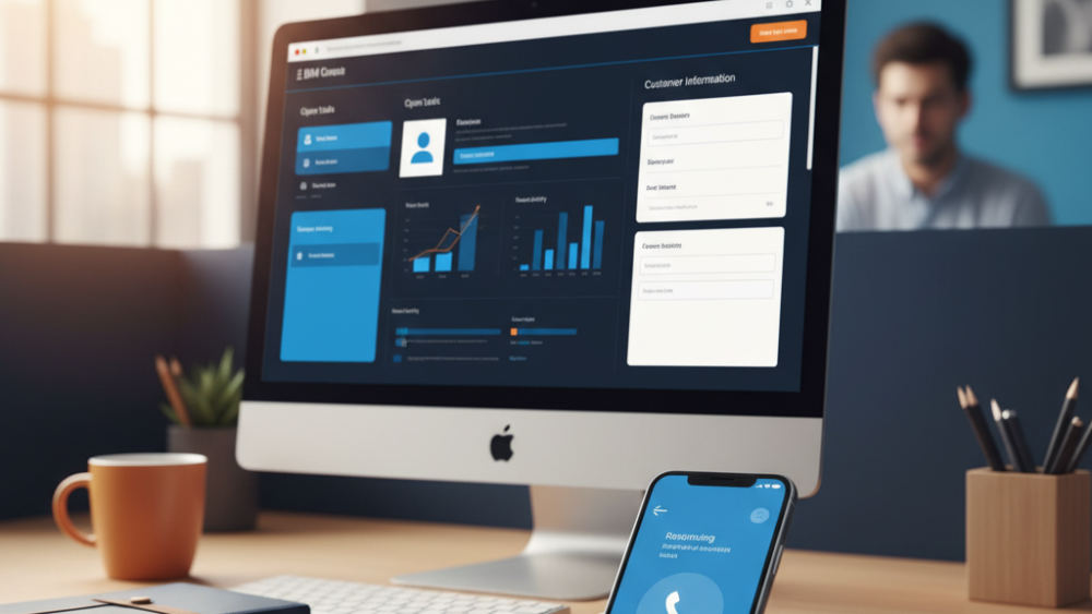 CRM system showing real-time customer data and incoming call notification on business devices ready for sales response.