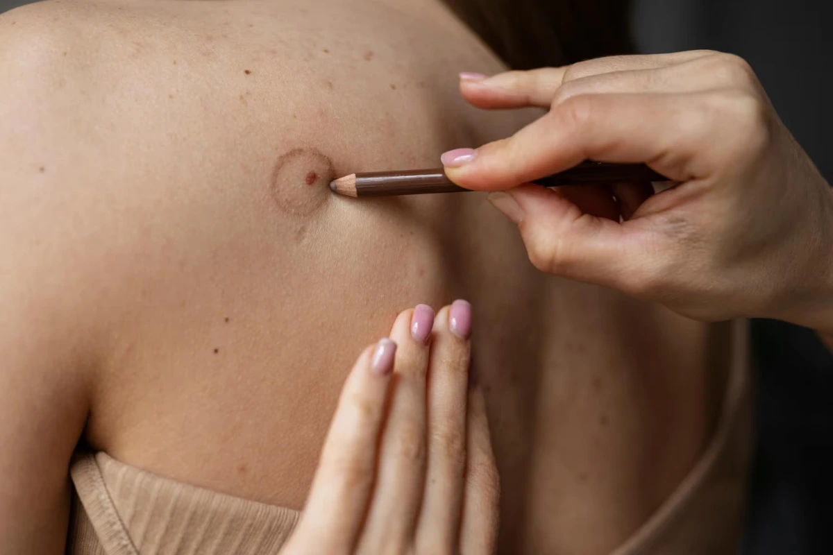 Person examining a mole on the shoulder for changes in size, shape, or colour as part of early skin cancer awareness.
