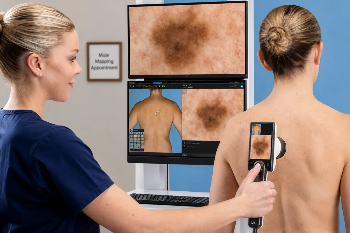 Dermatologist performing digital mole mapping to monitor skin lesions and detect early signs of skin cancer.