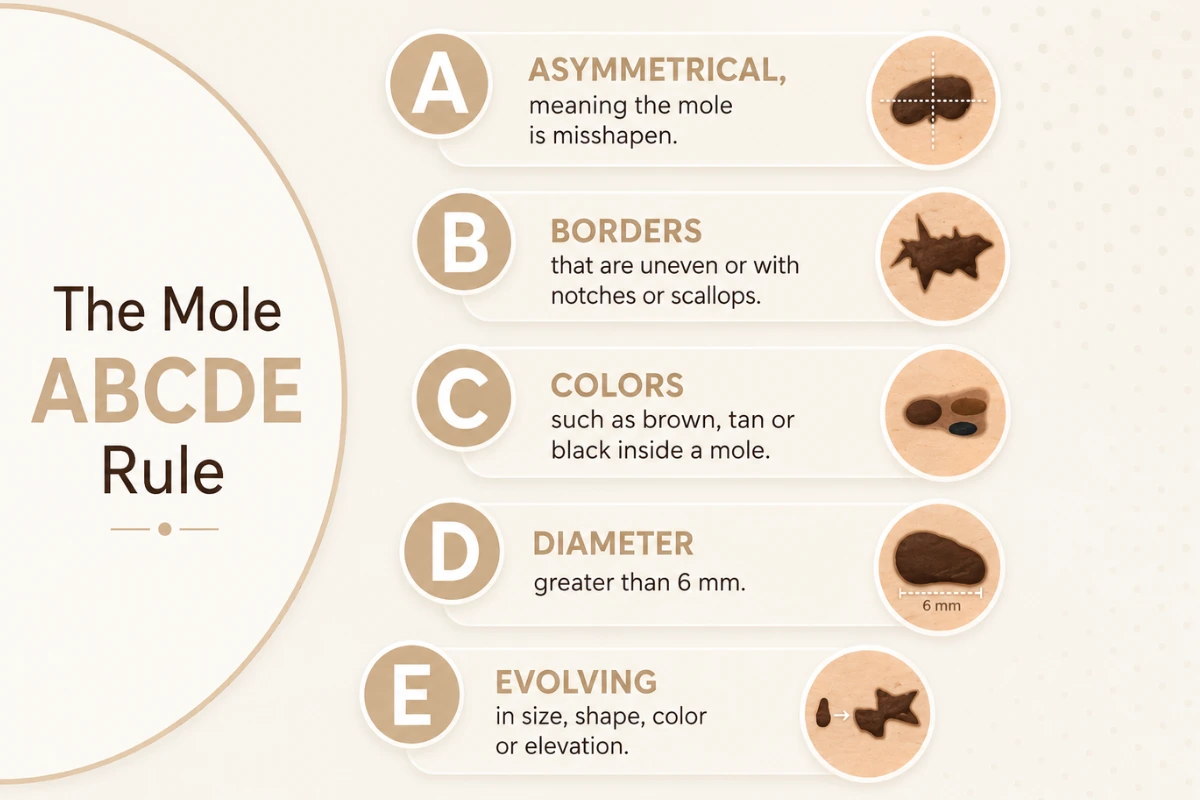 Infographic explaining the ABCDE rule for identifying suspicious moles, including asymmetry, border, colour, diameter, and evolving changes.