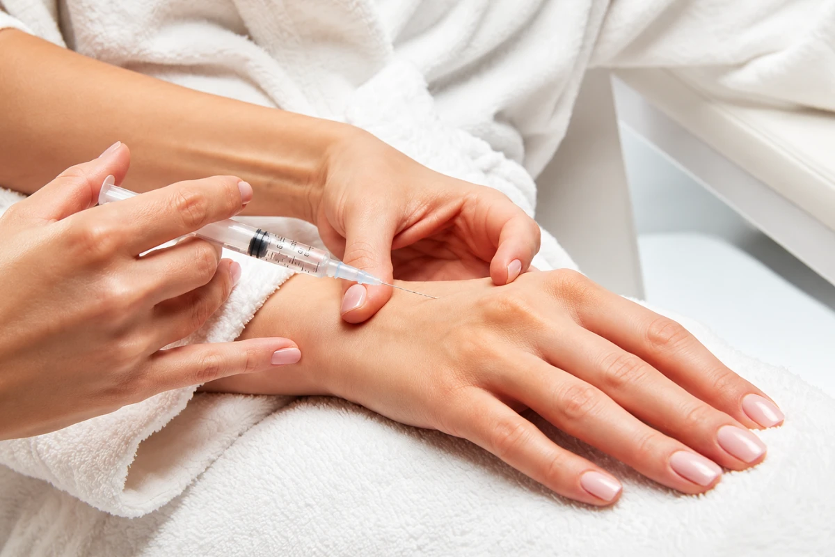 Doctor performing a Radiesse injection into the back of the hand to restore volume and stimulate collagen production.