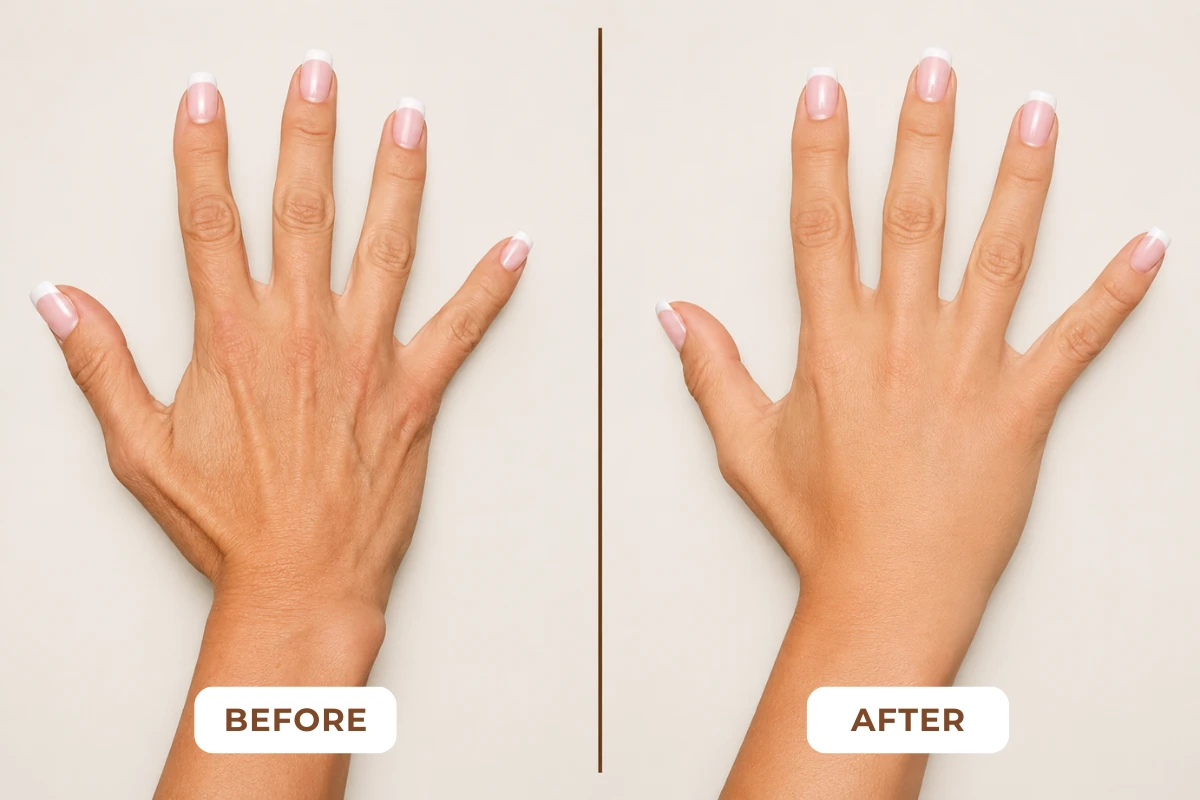 Before and after results of Radiesse hand treatment showing improved volume, smoother skin, and reduced visibility of veins and tendons