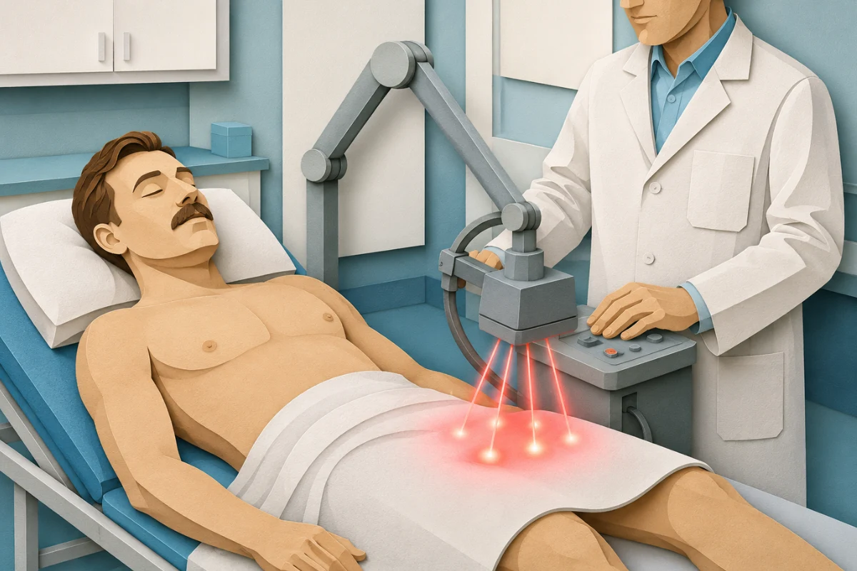 Illustration of a dermatologist performing laser treatment for genital warts in a male patient using a precision laser device. Illustration of a dermatologist performing laser treatment for genital warts in a male patient using a precision laser device.