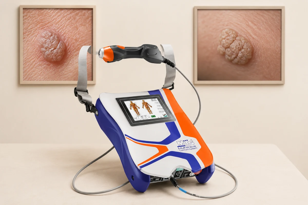 Medical laser device used for the precise removal of genital warts caused by HPV in men. Medical laser device used for the precise removal of genital warts caused by HPV in men.