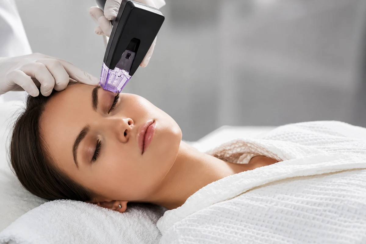 A practitioner applying a Morpheus8 radiofrequency microneedling handpiece to a woman's face during a skin resurfacing procedure. A practitioner applying a Morpheus8 radiofrequency microneedling handpiece to a woman's face during a skin resurfacing procedure.