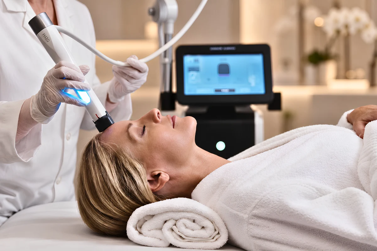 Dermatologist performing a non-surgical facial skin tightening procedure with advanced technology Dermatologist performing a non-surgical facial skin tightening procedure with advanced technology