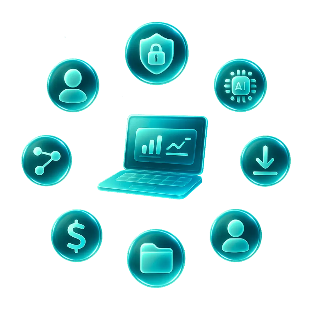 3D glass-style ecosystem of icons representing the TaxSmart AI platform — including secure document storage, user collaboration, tax reports, financial data, and AI automation. Symbolizes an integrated, transparent, and intelligent tax credit system for businesses and accountants.