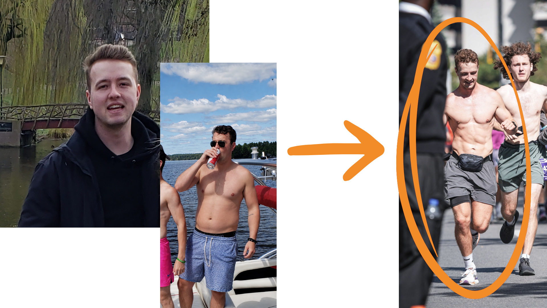 Isaac's transformation — three photos showing the change from before to running a race