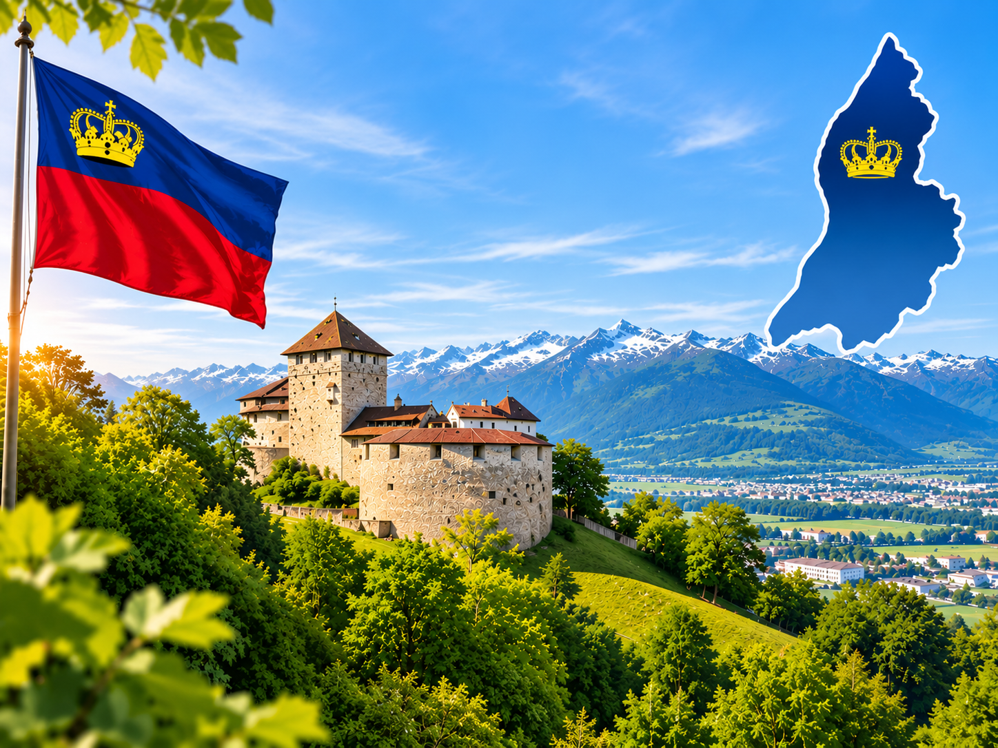 Schloss Vaduz mit Liechtensteiner Flagge und stilisierter Landessilhouette