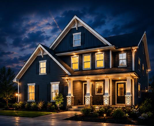 Warmly illuminated home at dusk, representing FantaskTeam home services