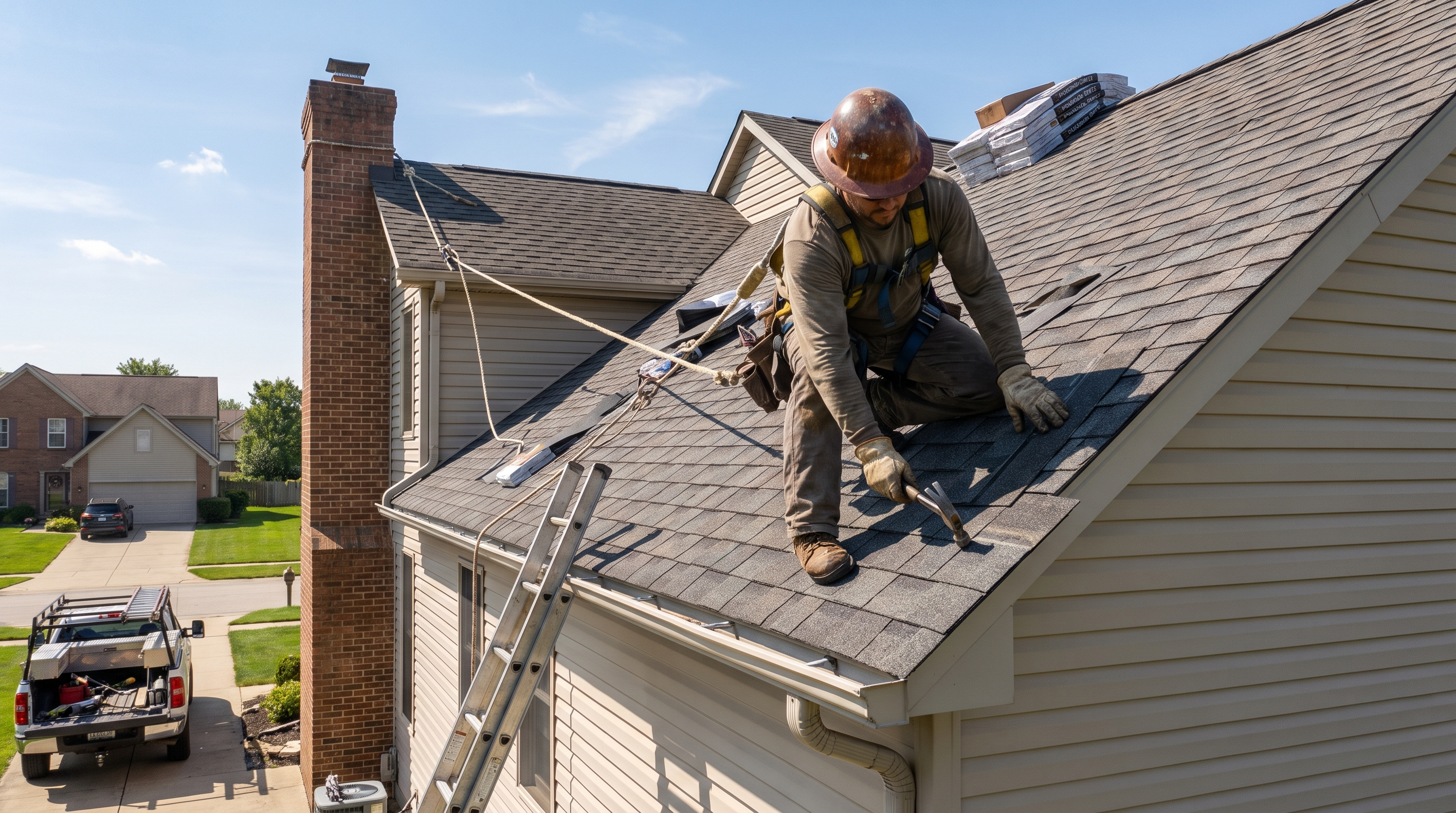 A roofing contractor installing shingles on a suburban home
