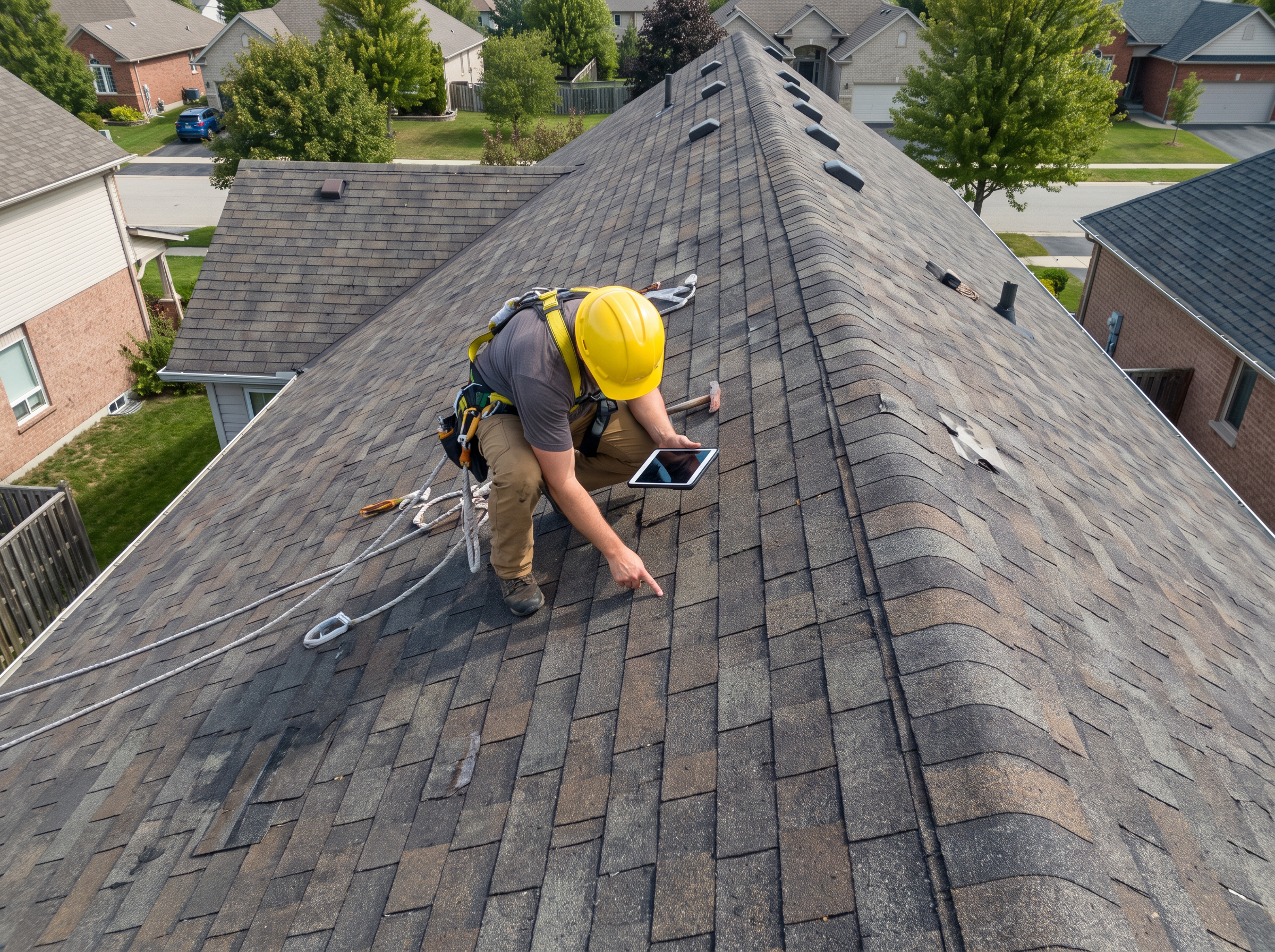 Folvex Construction crew inspecting a roof from above