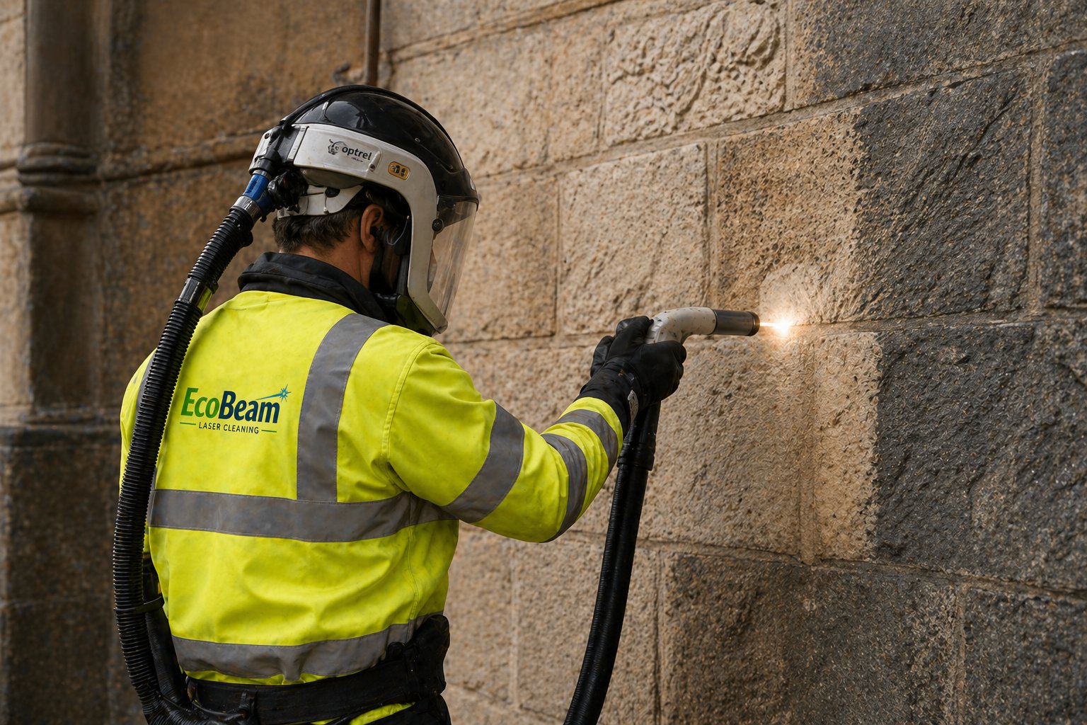 EcoBeam technician in protective gear laser cleaning a granite stone wall — Ireland heritage restoration