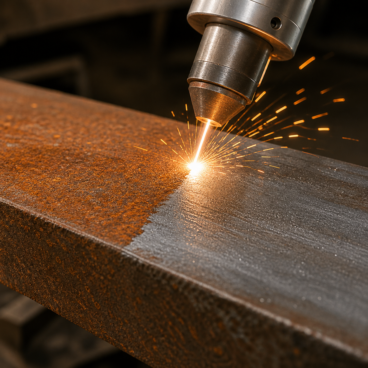 Laser removing thick rust and paint from heavy steel — industrial laser cleaning