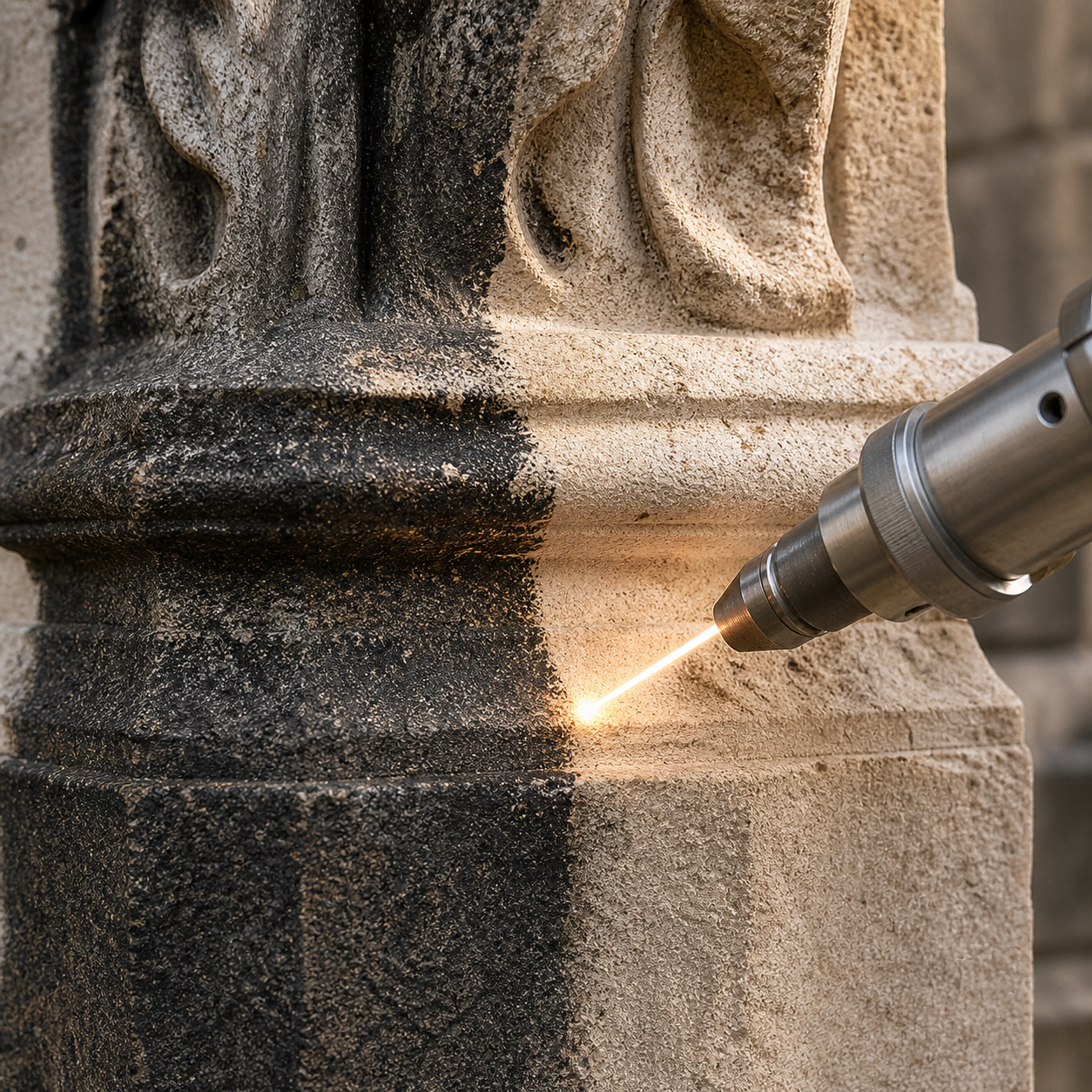 Laser restoring weathered limestone on a heritage building in Ireland