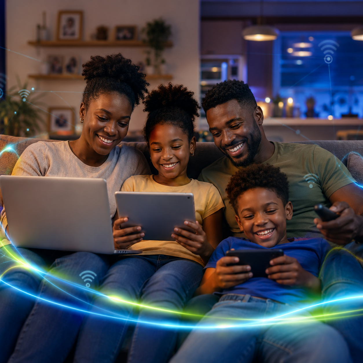Familia compartiendo con internet y entornos digitales