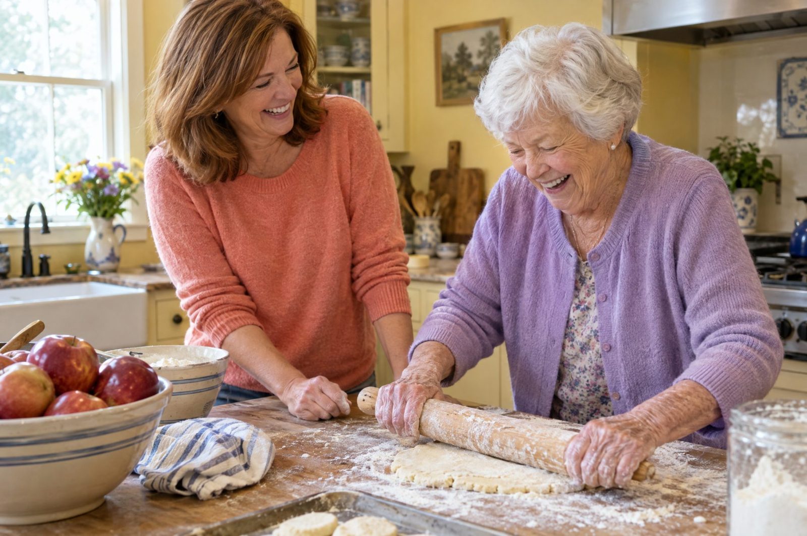 A daughter and her mother laughing while baking together in a sunny kitchen