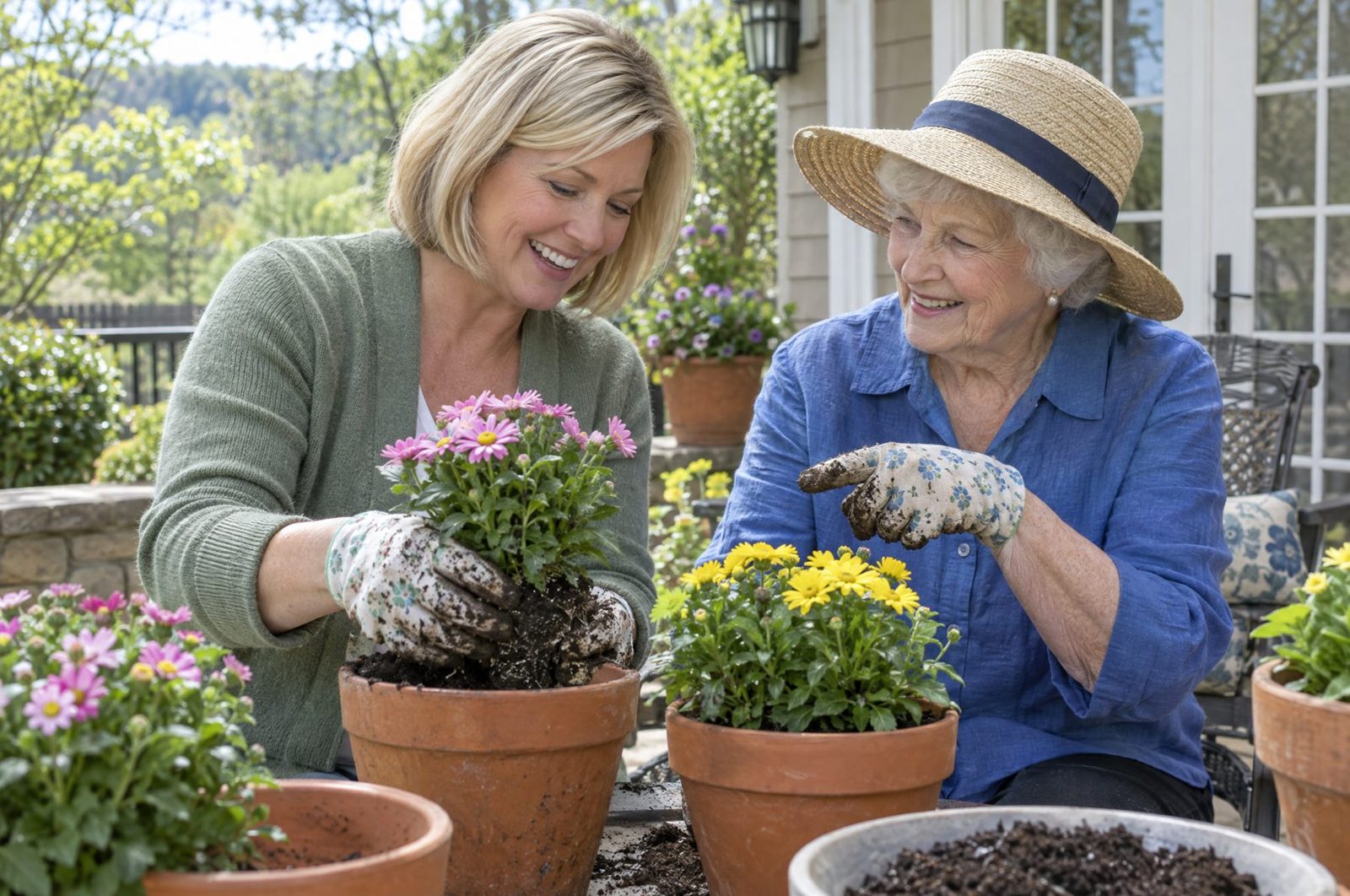 A daughter-in-law and her mother-in-law potting spring flowers together