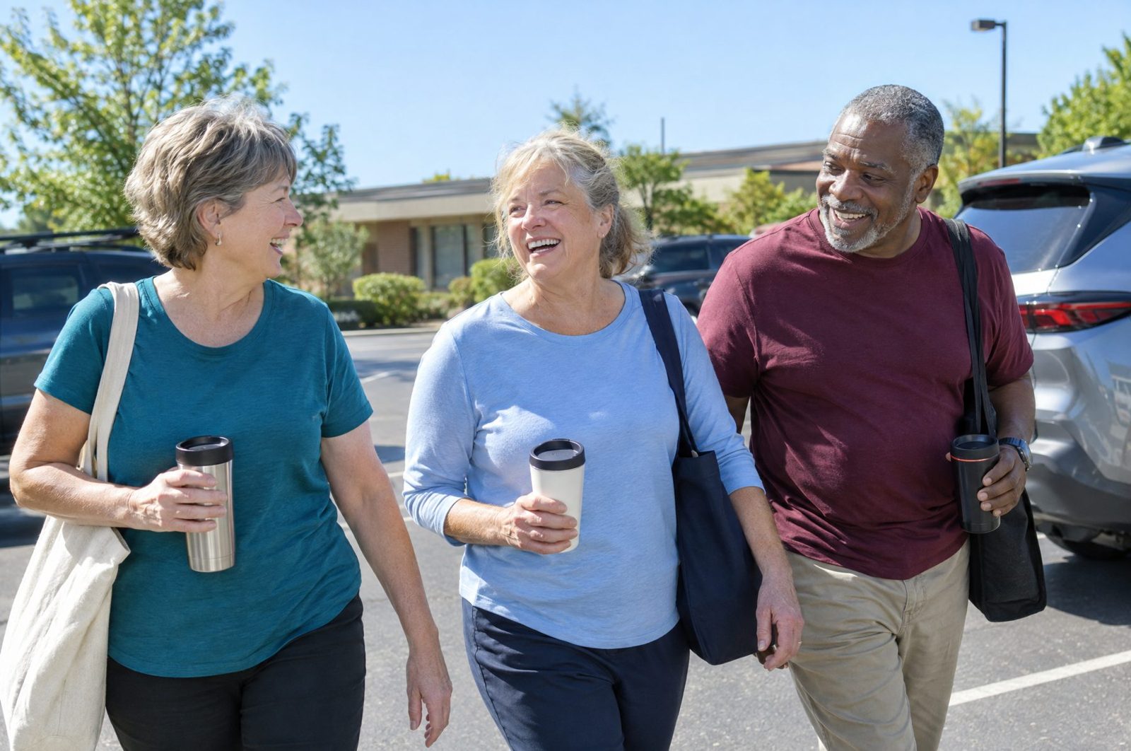 Three caregivers laughing together on their way to client visits