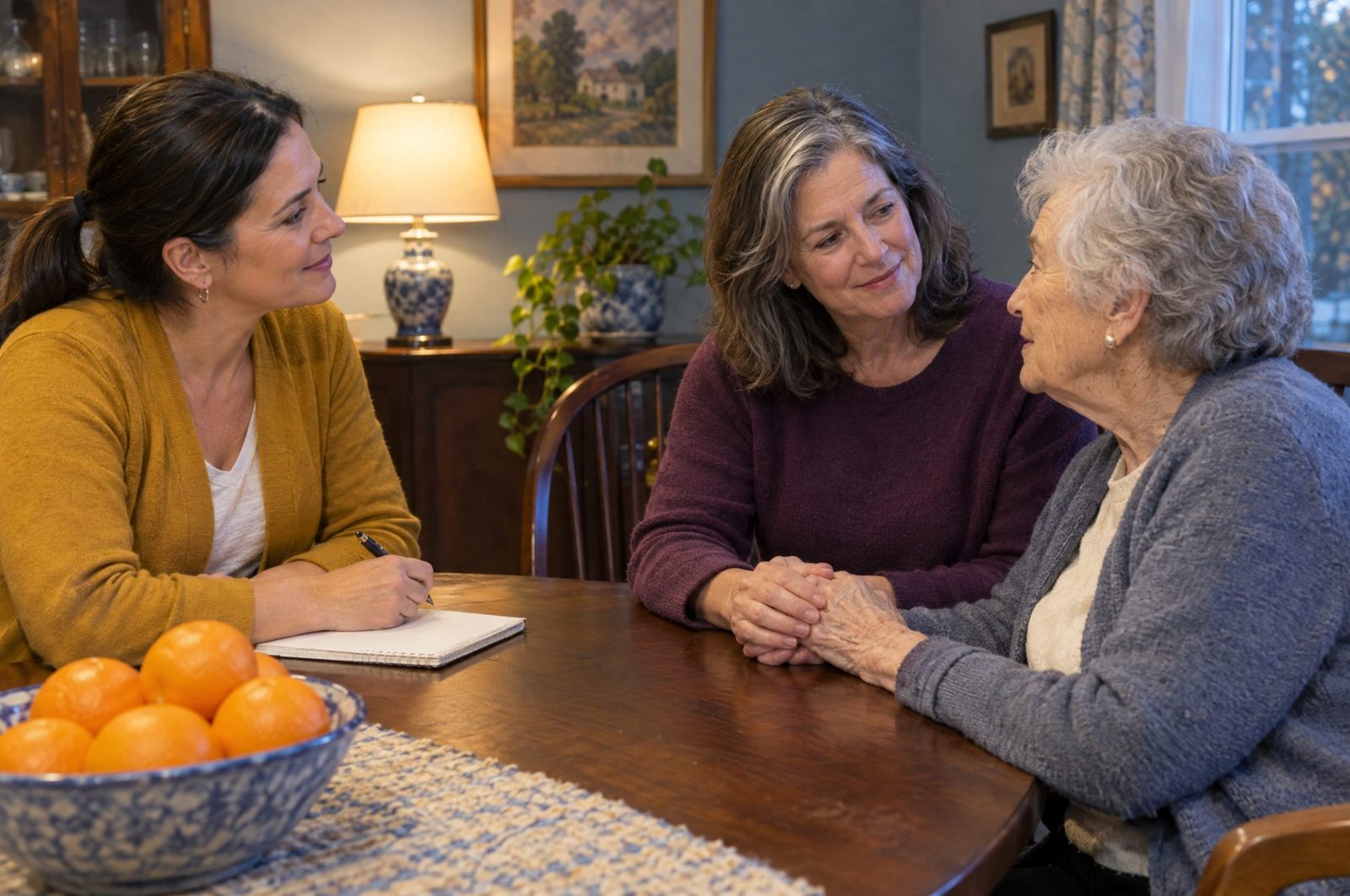 An agency owner meeting with a daughter and her mother at their dining table