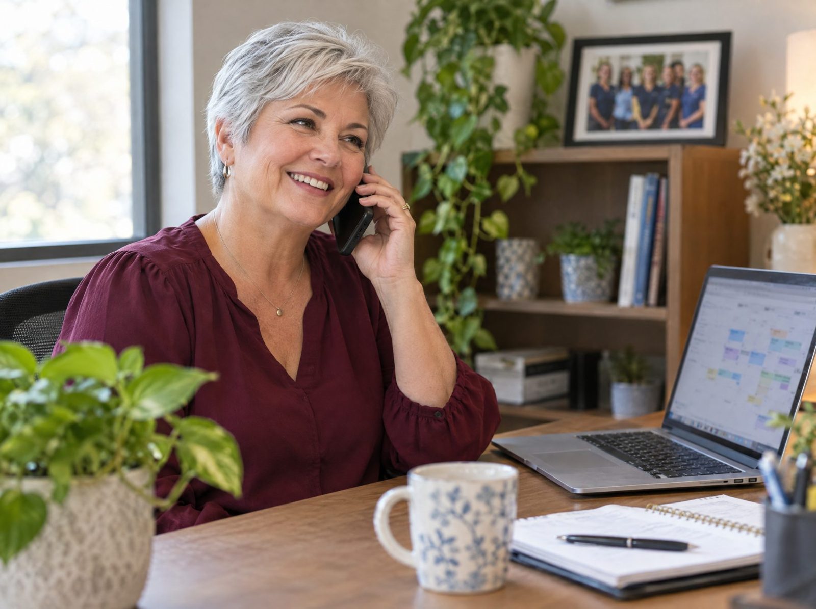 A home care agency owner smiling on a phone call at her desk