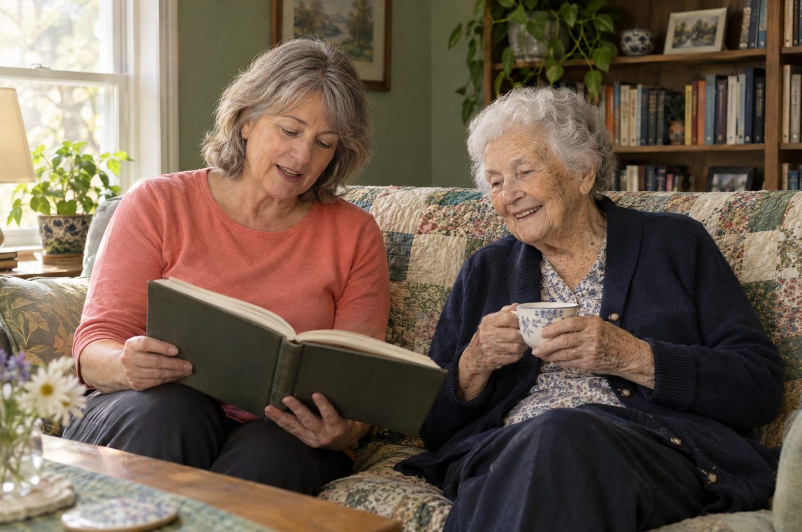 A caregiver reading aloud to a smiling elderly woman holding a cup of tea