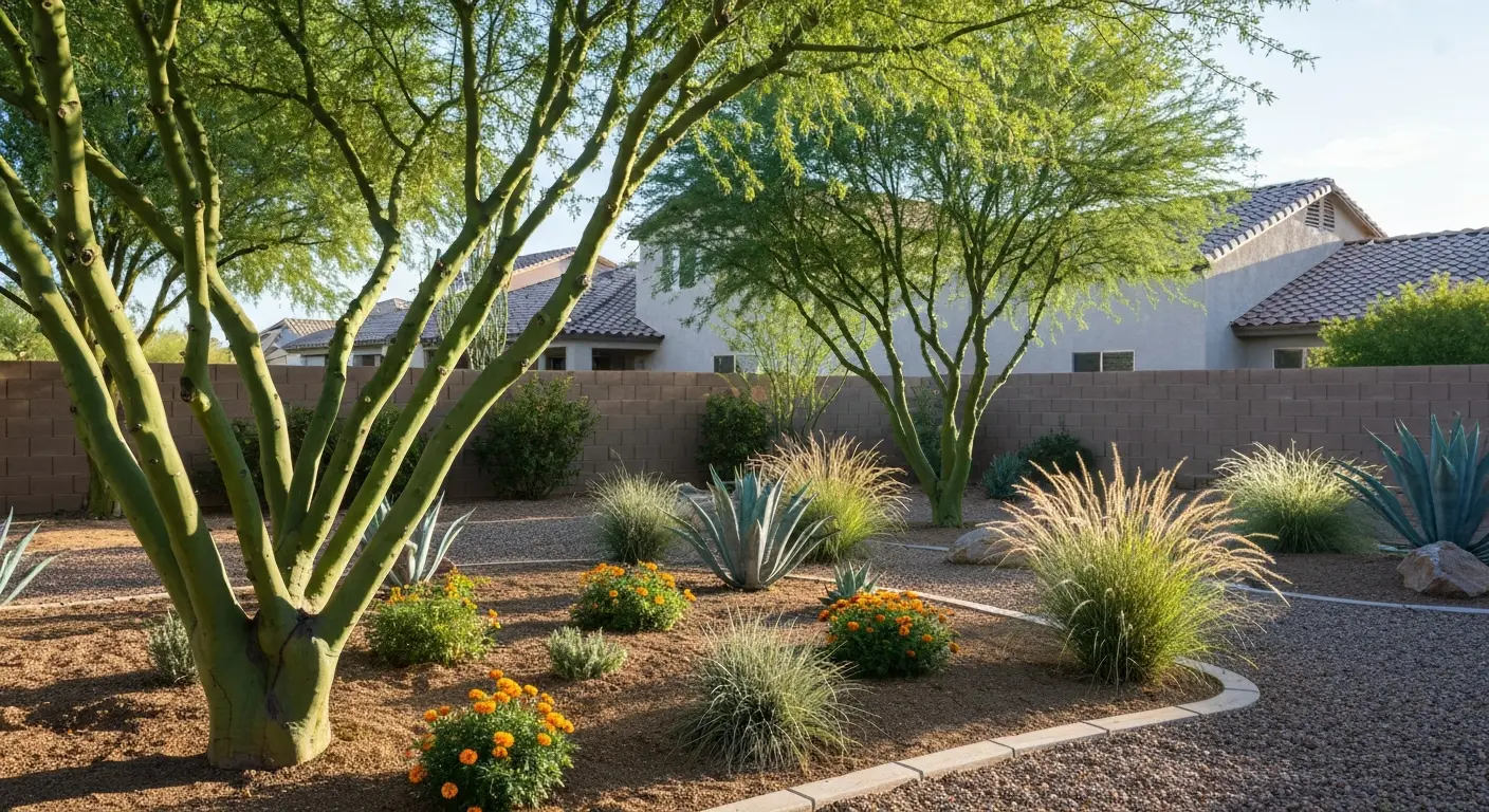 Desert plant landscape with palo verde trees