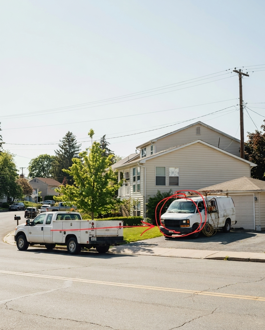 A worn-out competitor van parked in a customer's driveway — he got the call