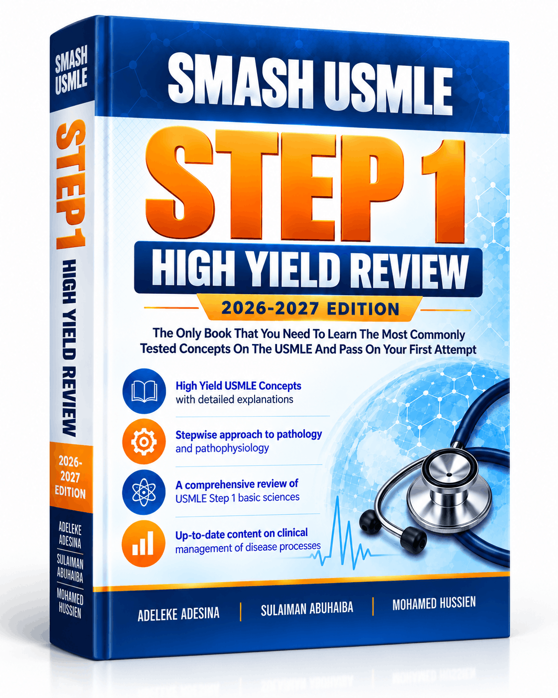 Three-dimensional mockup of the SmashUSMLE Step 1 High Yield Review book, showing the 2026–2027 front cover and spine