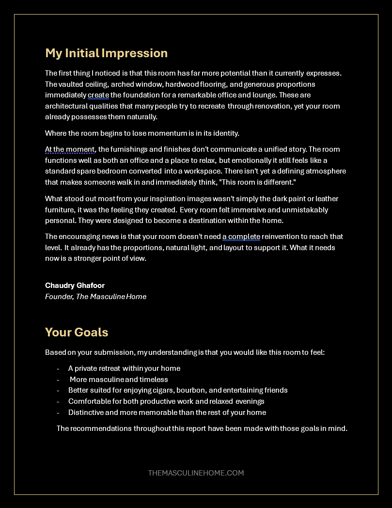 The Masculine Home – Room Audit, prepared for John Smith
