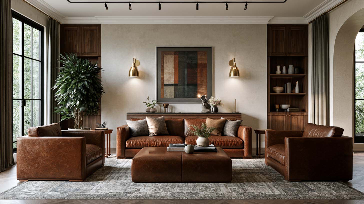 Cohesive living room featuring repeated walnut, leather, and brass accents Cohesive living room featuring repeated walnut, leather, and brass accents