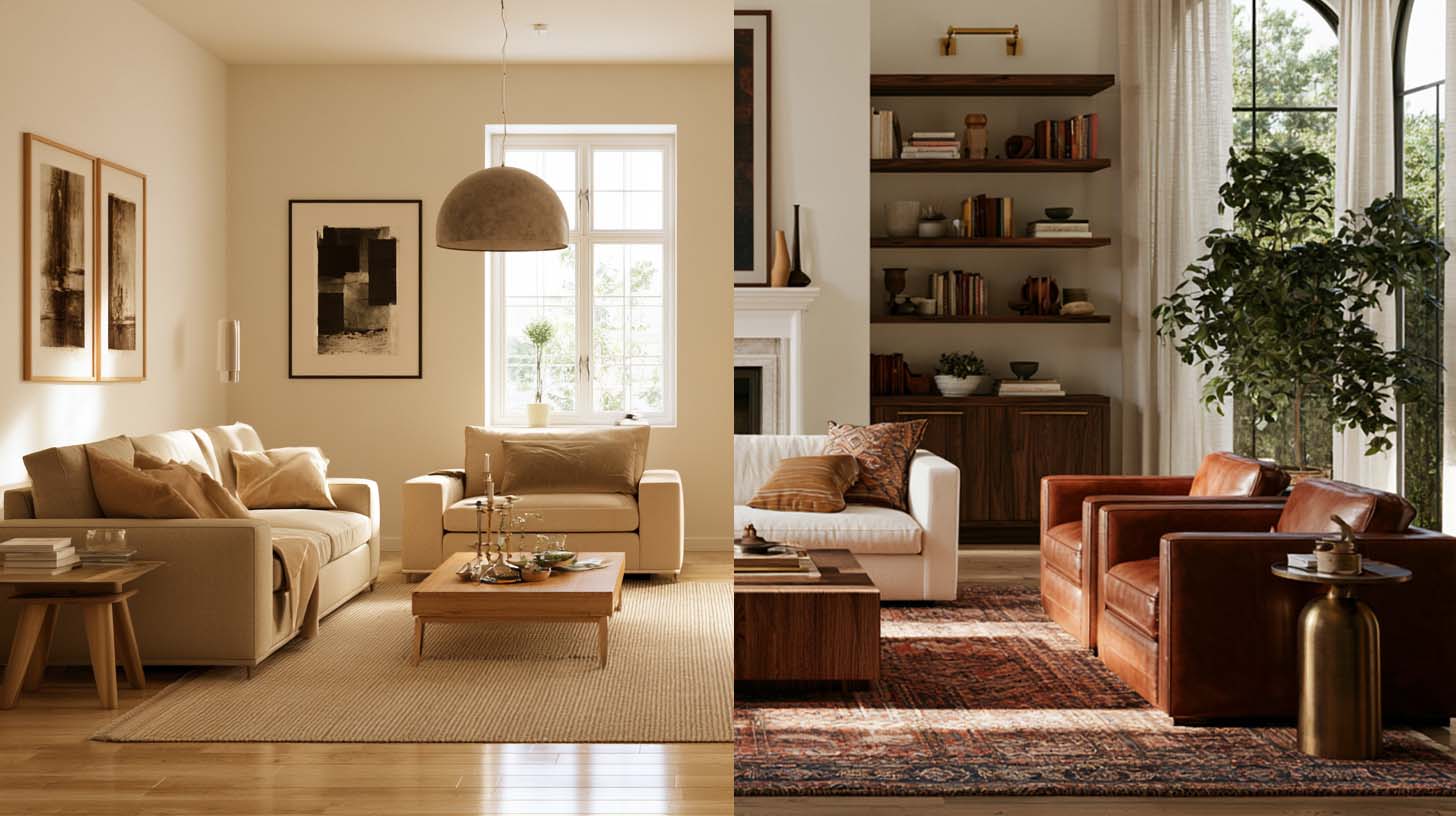 Comparison between a matching furniture set and a professionally layered interior Comparison between a matching furniture set and a professionally layered interior